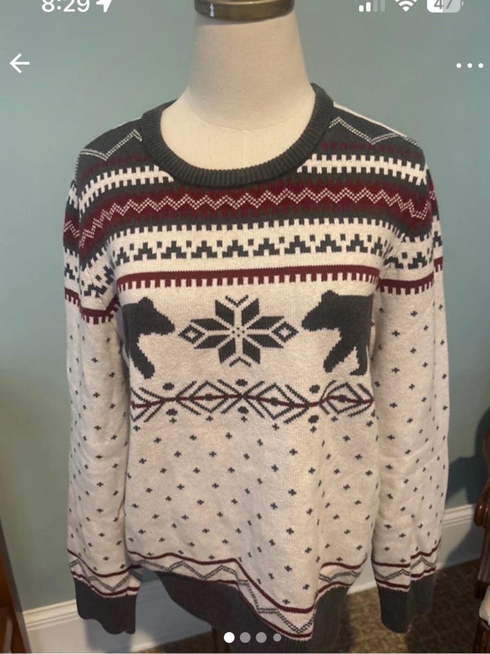 Lands' End Cream Fair Isle Crewneck Sweater with Red and Gray Accents